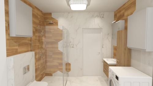 Łazienka z płytkami drewnopodobnymi – aranżacja przytulna 3D